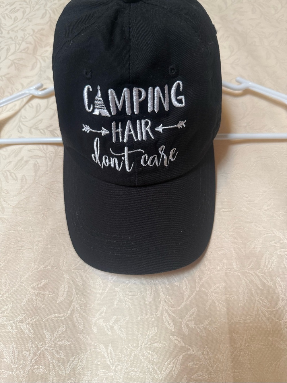 Aldeal Camping Black Baseball Cap with White Letters “camping hair don’t care “